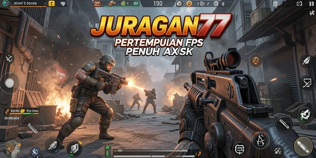 Tampilan aksi seru dalam permainan FPS JURAGAN77.