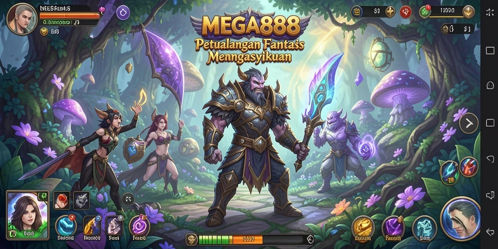 Screenshot MEGA888 menampilkan karakter beraksi di dunia fantasi yang indah.