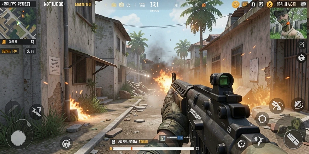 Tangkapan layar gameplay N9TURBO menampilkan pertempuran FPS yang mendebarkan.
